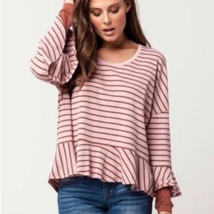 Free People We The Free Thermal Pink Striped Ruffle Flare Shirt Size XS